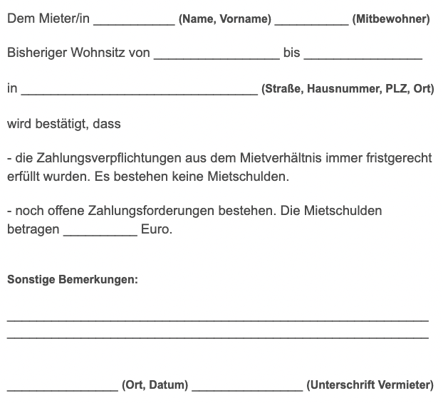 Sample of a german certificate of freedom from rent arrears