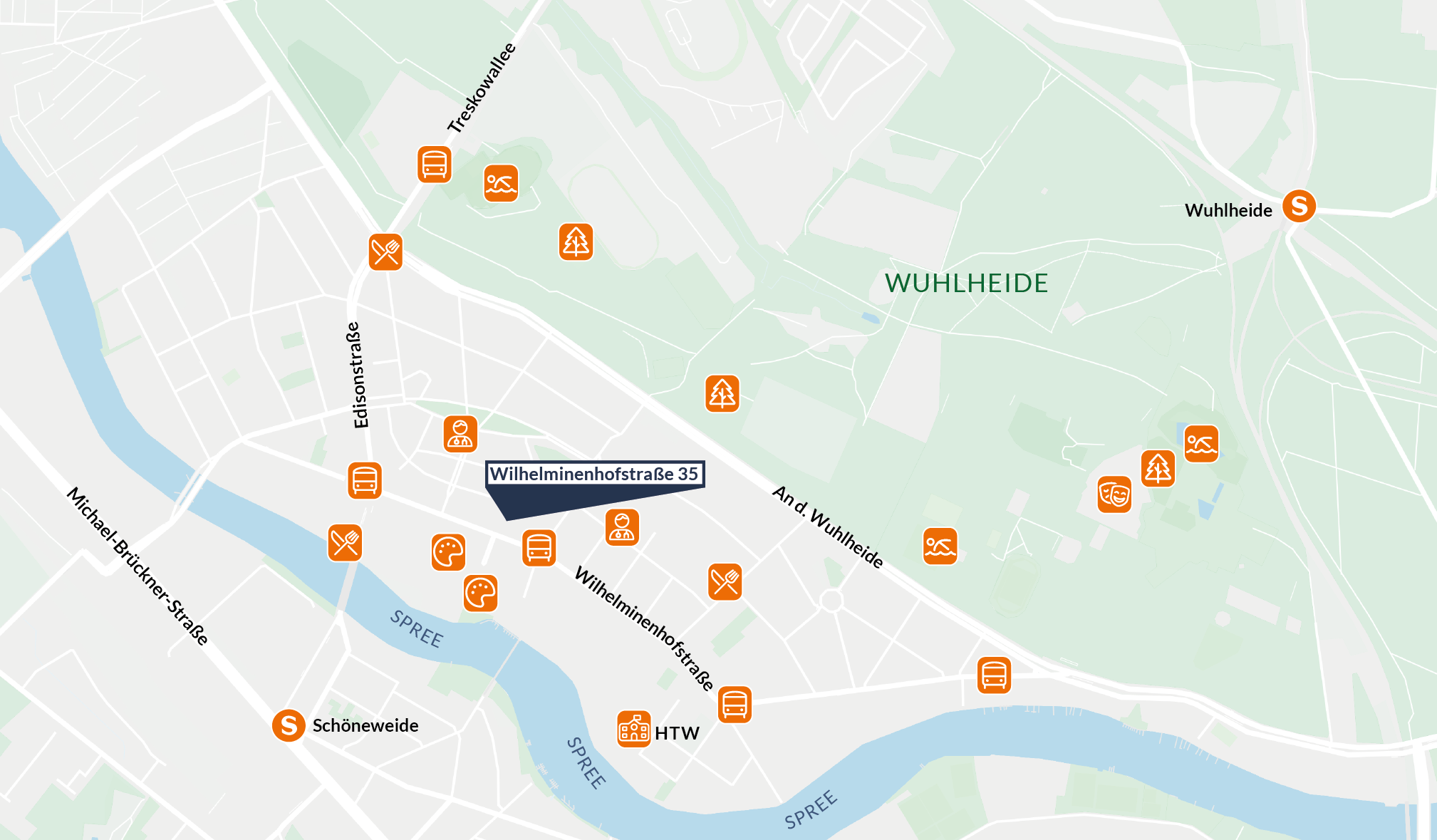 Kartenausschnitt der verschiedenen Sehenswürdigkeiten in der Nähe der Wilhelminenhofstraße