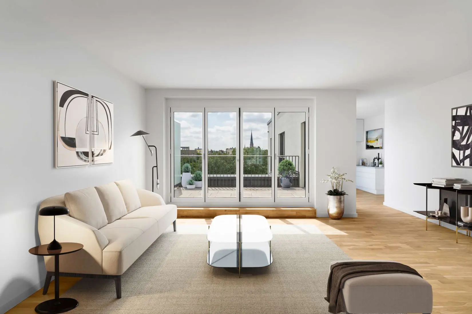 luxury-real-estate-berlin-germany Luxury apartment for sale in Berlin; view from an open living room with large floor-to-ceiling windows.